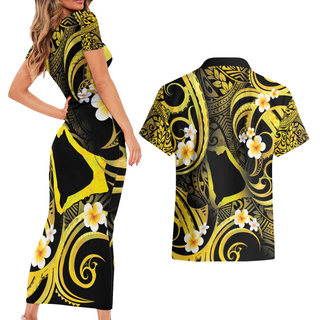 Tokelau Atafu Atoll Couples Matching Short Sleeve Bodycon Dress and Hawaiian Shirt Polynesian Tattoo Plumeria With Map LT14 - Polynesian Pride