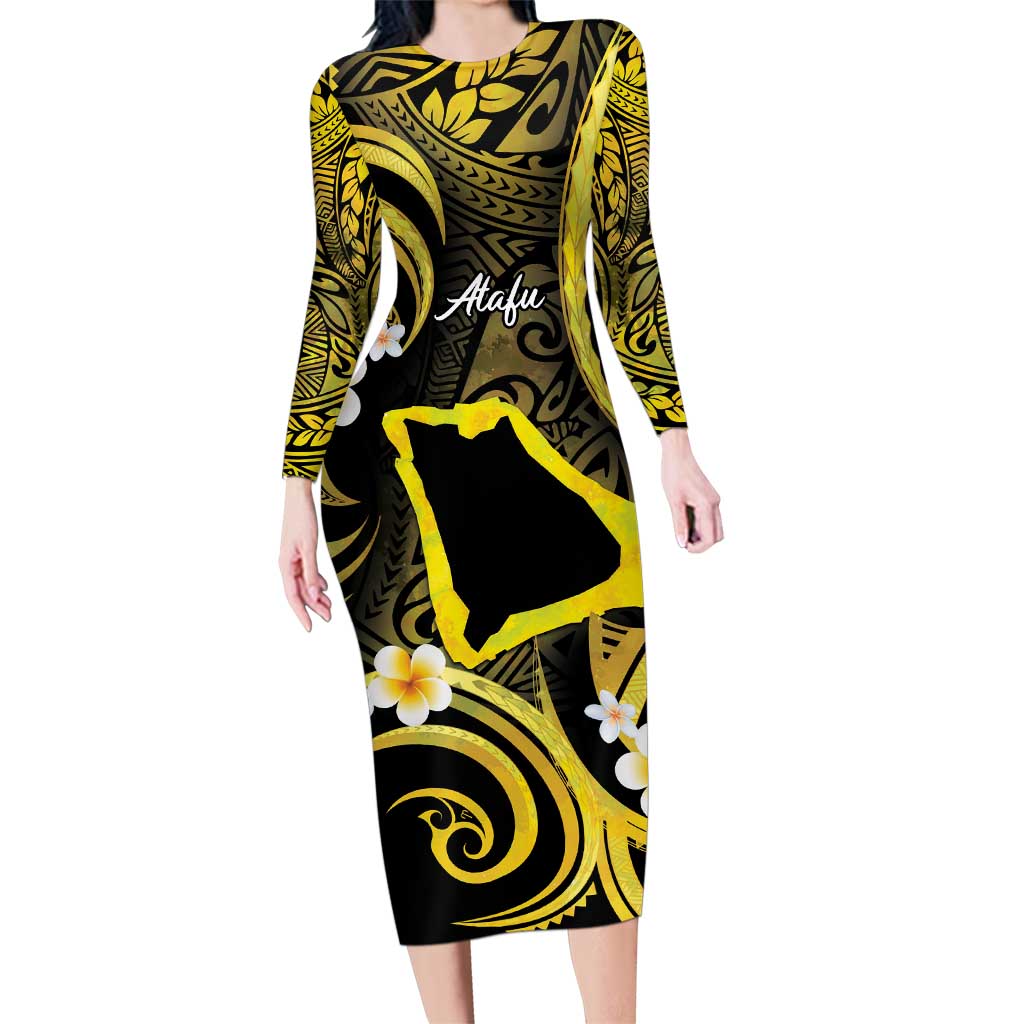 Tokelau Atafu Atoll Family Matching Long Sleeve Bodycon Dress and Hawaiian Shirt Polynesian Tattoo Plumeria With Map LT14 Mom's Dress Gold - Polynesian Pride