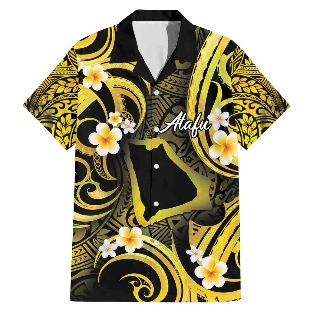 Tokelau Atafu Atoll Family Matching Mermaid Dress and Hawaiian Shirt Polynesian Tattoo Plumeria With Map LT14 Dad's Shirt - Short Sleeve Gold - Polynesian Pride