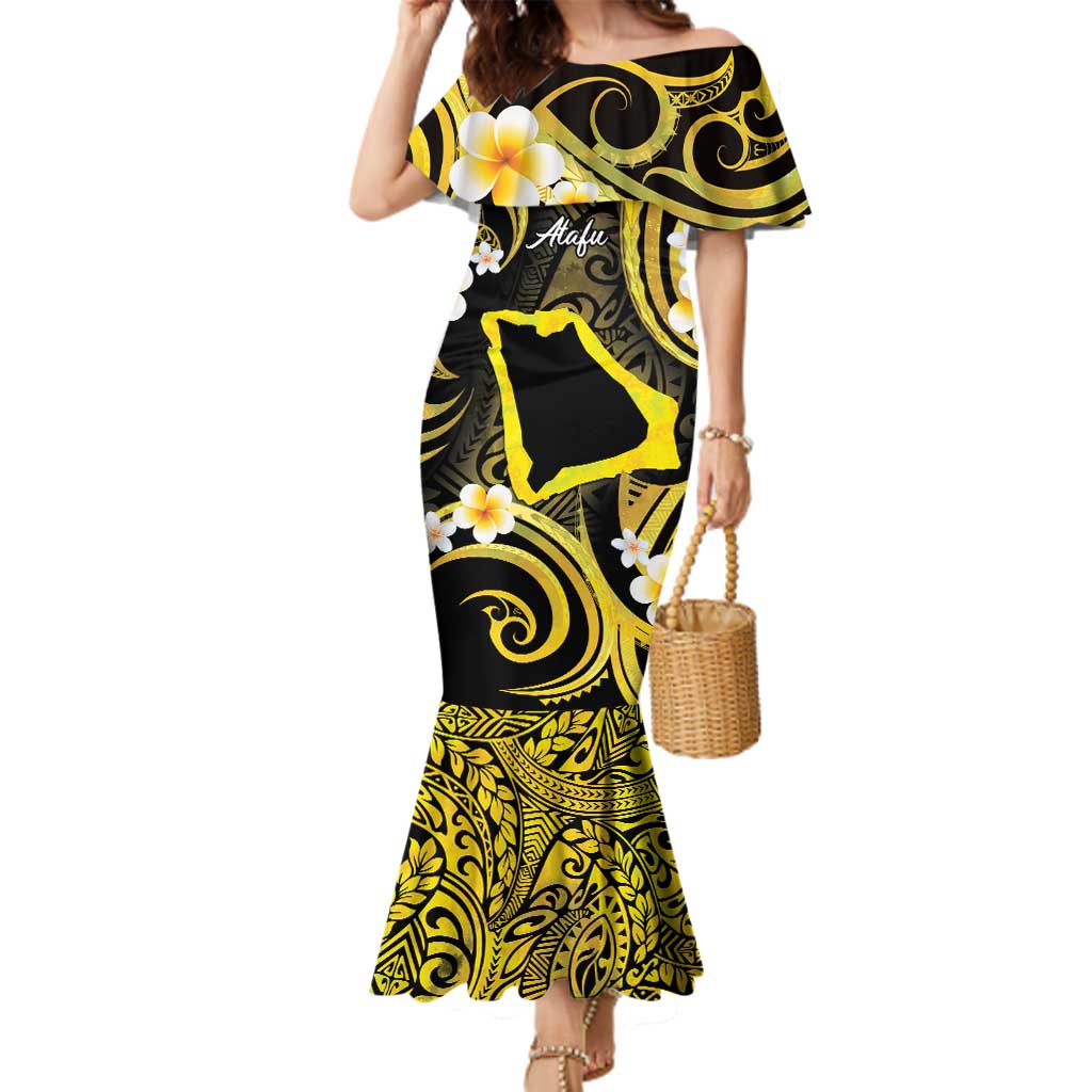 Tokelau Atafu Atoll Family Matching Mermaid Dress and Hawaiian Shirt Polynesian Tattoo Plumeria With Map LT14 Mom's Dress Gold - Polynesian Pride