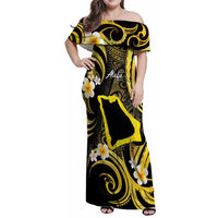 Tokelau Atafu Atoll Family Matching Off Shoulder Maxi Dress and Hawaiian Shirt Polynesian Tattoo Plumeria With Map LT14 Mom's Dress Gold - Polynesian Pride