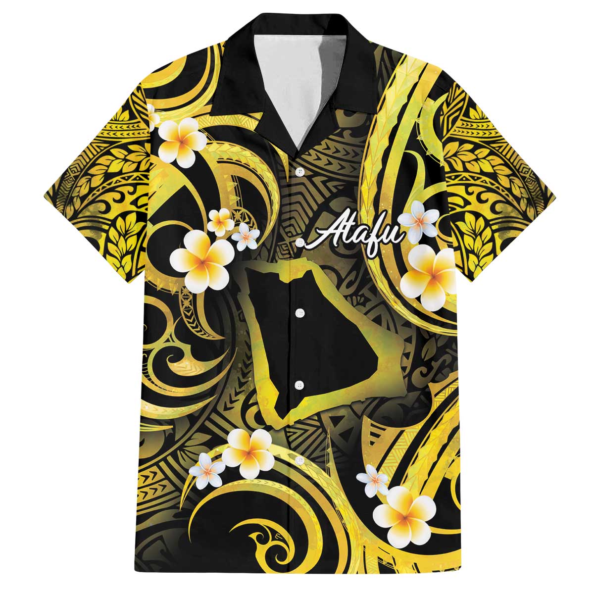 Tokelau Atafu Atoll Family Matching Off Shoulder Short Dress and Hawaiian Shirt Polynesian Tattoo Plumeria With Map LT14 Dad's Shirt - Short Sleeve Gold - Polynesian Pride
