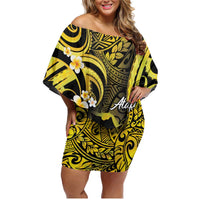 Tokelau Atafu Atoll Family Matching Off Shoulder Short Dress and Hawaiian Shirt Polynesian Tattoo Plumeria With Map LT14 Mom's Dress Gold - Polynesian Pride