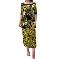 Tokelau Atafu Atoll Family Matching Puletasi and Hawaiian Shirt Polynesian Tattoo Plumeria With Map LT14 Mom's Dress Gold - Polynesian Pride