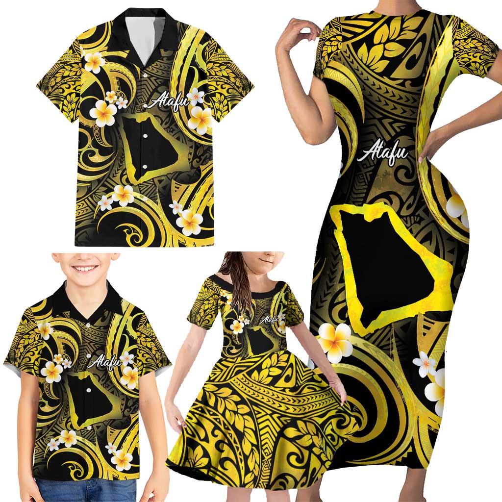 Tokelau Atafu Atoll Family Matching Short Sleeve Bodycon Dress and Hawaiian Shirt Polynesian Tattoo Plumeria With Map LT14 - Polynesian Pride