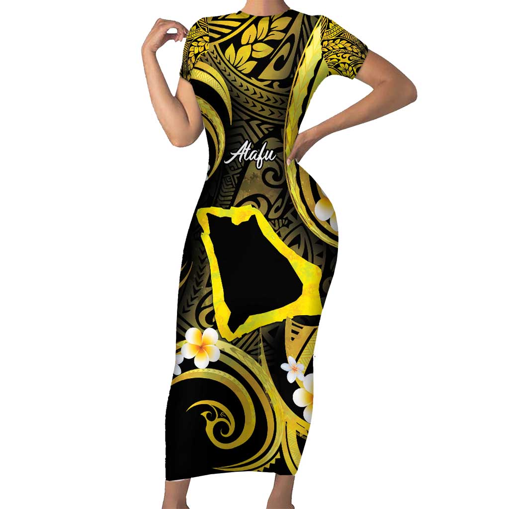 Tokelau Atafu Atoll Family Matching Short Sleeve Bodycon Dress and Hawaiian Shirt Polynesian Tattoo Plumeria With Map LT14 Mom's Dress Gold - Polynesian Pride