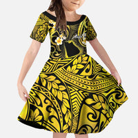 Tokelau Atafu Atoll Family Matching Summer Maxi Dress and Hawaiian Shirt Polynesian Tattoo Plumeria With Map LT14 Daughter's Dress Gold - Polynesian Pride