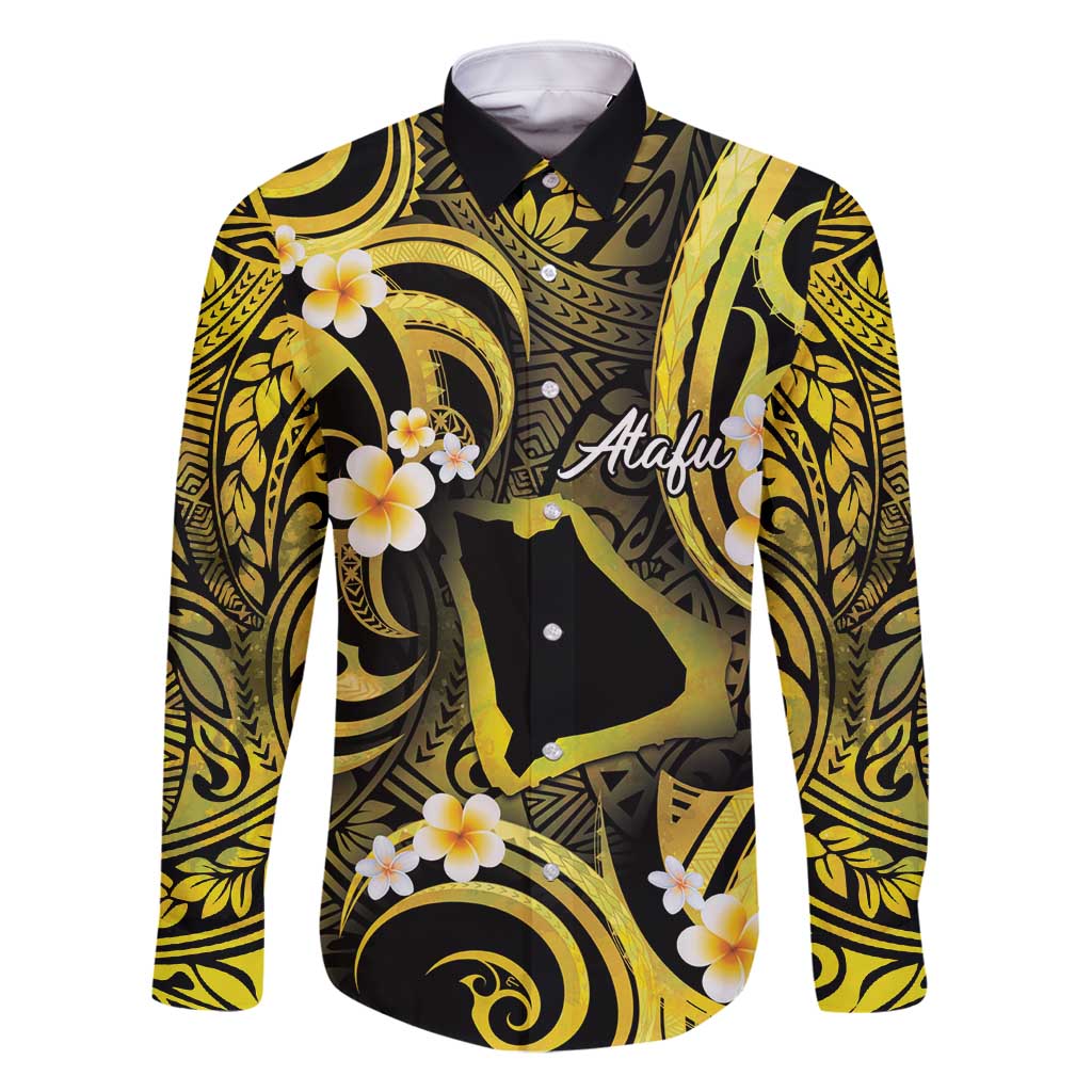 Tokelau Atafu Atoll Family Matching Tank Maxi Dress and Hawaiian Shirt Polynesian Tattoo Plumeria With Map LT14 Dad's Shirt - Long Sleeve Gold - Polynesian Pride