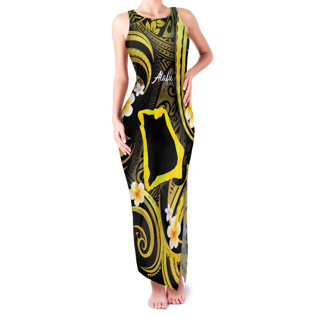 Tokelau Atafu Atoll Family Matching Tank Maxi Dress and Hawaiian Shirt Polynesian Tattoo Plumeria With Map LT14 Mom's Dress Gold - Polynesian Pride