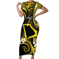 Tokelau Atafu Atoll Short Sleeve Bodycon Dress Polynesian Tattoo Plumeria With Map LT14 Long Dress Gold - Polynesian Pride