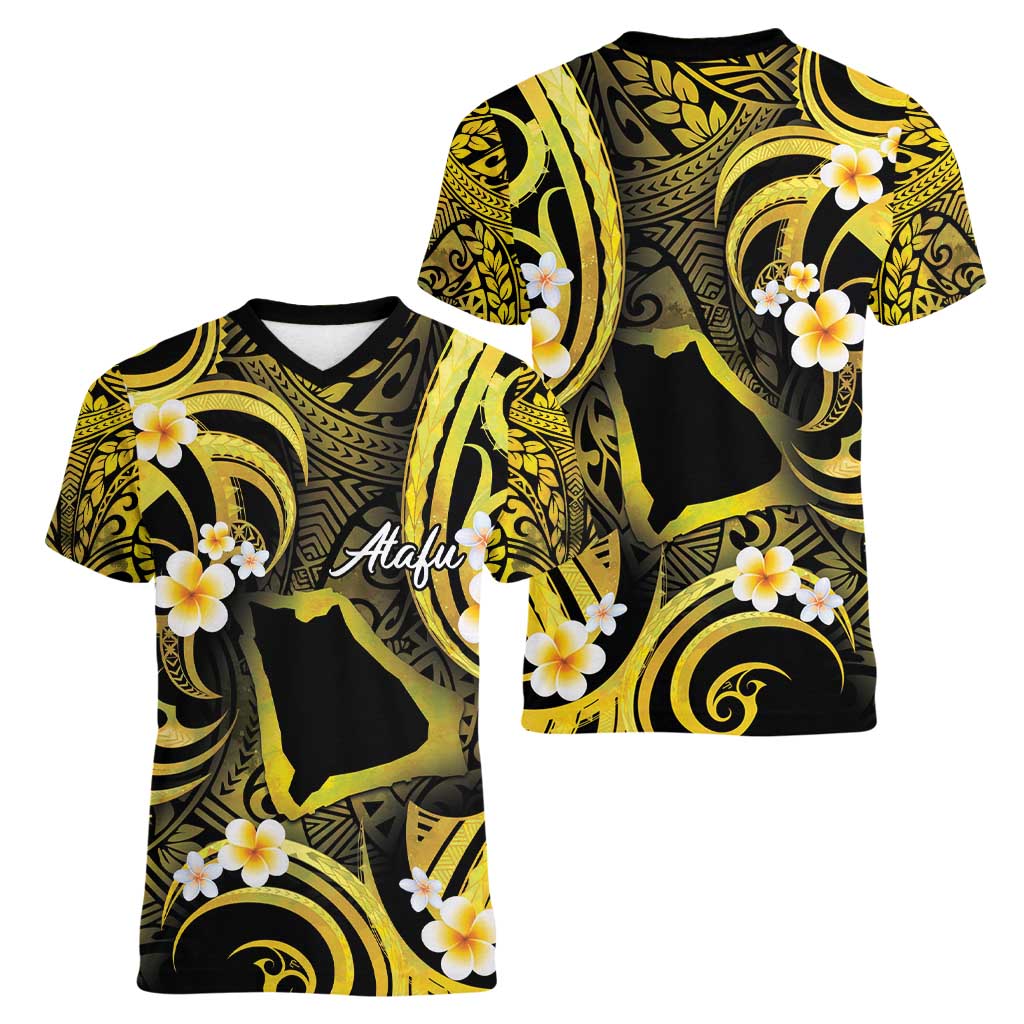 Tokelau Atafu Atoll Women V-Neck T-Shirt Polynesian Tattoo Plumeria With Map LT14 - Polynesian Pride