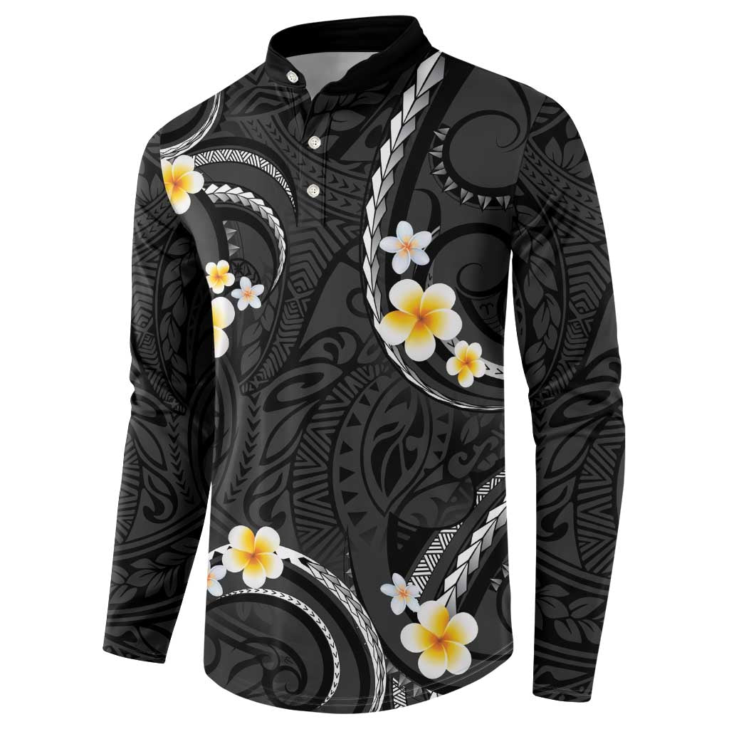 Black And Gray Button Sweatshirt Curves Polynesian Tattoo Mix Plumeria Flowers LT14 - Polynesian Pride