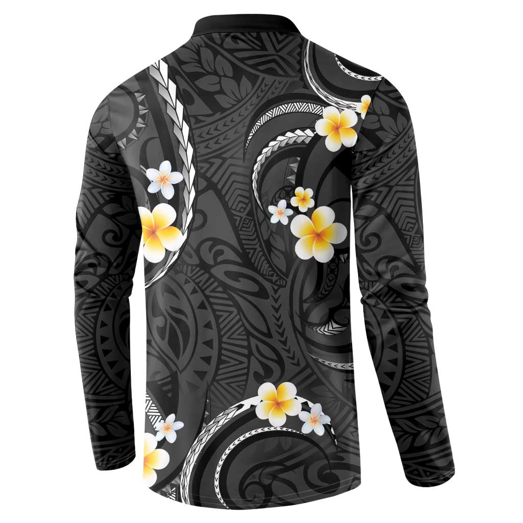 Black And Gray Button Sweatshirt Curves Polynesian Tattoo Mix Plumeria Flowers LT14 - Polynesian Pride
