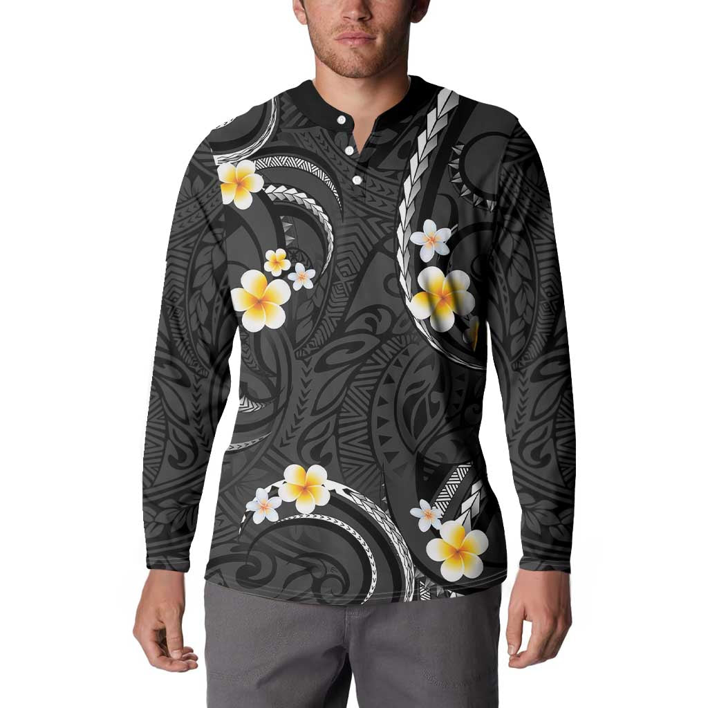 Black And Gray Button Sweatshirt Curves Polynesian Tattoo Mix Plumeria Flowers LT14 - Polynesian Pride