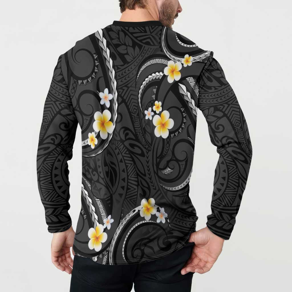 Black And Gray Button Sweatshirt Curves Polynesian Tattoo Mix Plumeria Flowers LT14 - Polynesian Pride