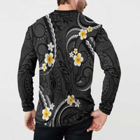 Black And Gray Button Sweatshirt Curves Polynesian Tattoo Mix Plumeria Flowers LT14 - Polynesian Pride