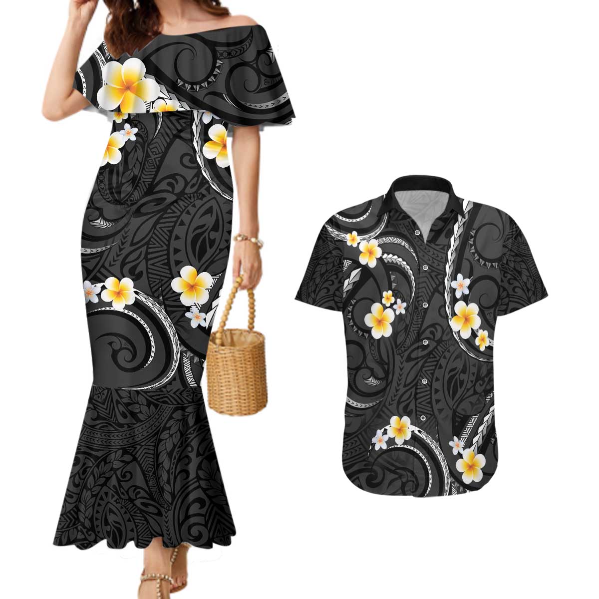 Black And Gray Couples Matching Mermaid Dress and Hawaiian Shirt Curves Polynesian Tattoo Mix Plumeria Flowers LT14 Gray - Polynesian Pride