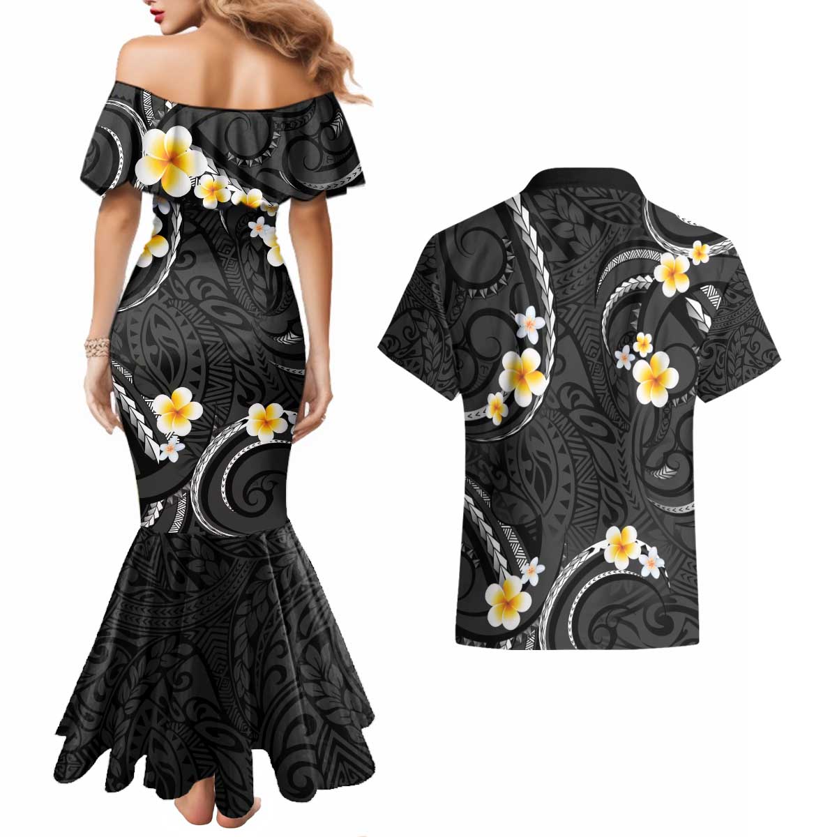 Black And Gray Couples Matching Mermaid Dress and Hawaiian Shirt Curves Polynesian Tattoo Mix Plumeria Flowers LT14 - Polynesian Pride