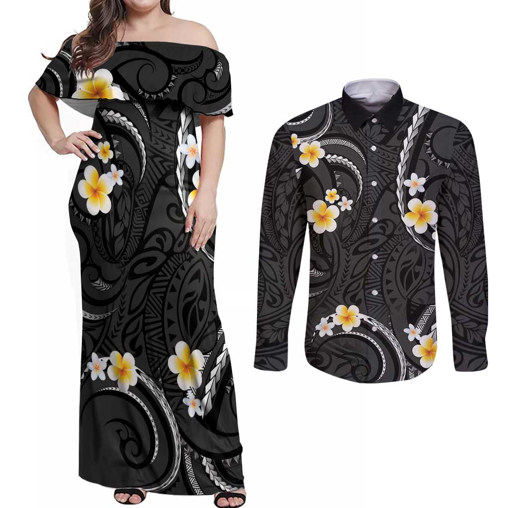 Black And Gray Couples Matching Off Shoulder Maxi Dress and Long Sleeve Button Shirt Curves Polynesian Tattoo Mix Plumeria Flowers LT14 Gray - Polynesian Pride