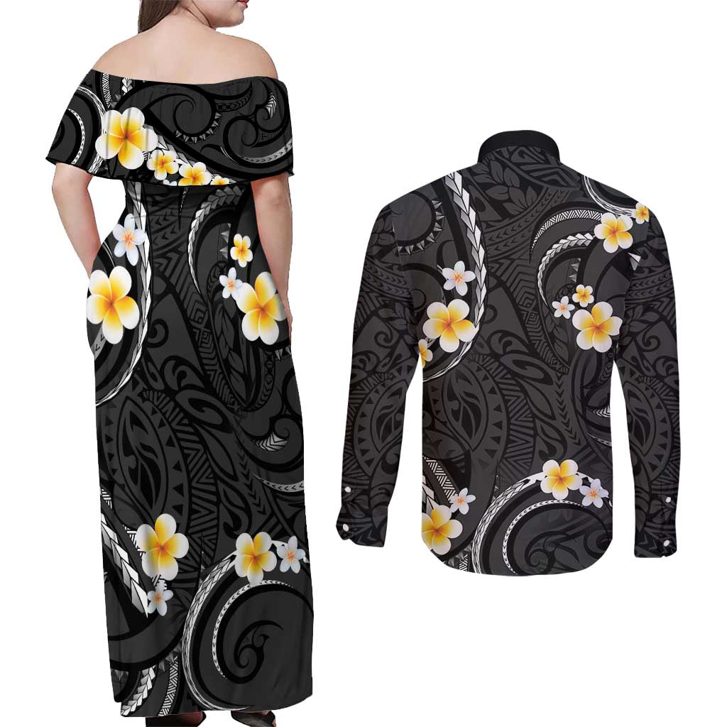 Black And Gray Couples Matching Off Shoulder Maxi Dress and Long Sleeve Button Shirt Curves Polynesian Tattoo Mix Plumeria Flowers LT14 - Polynesian Pride