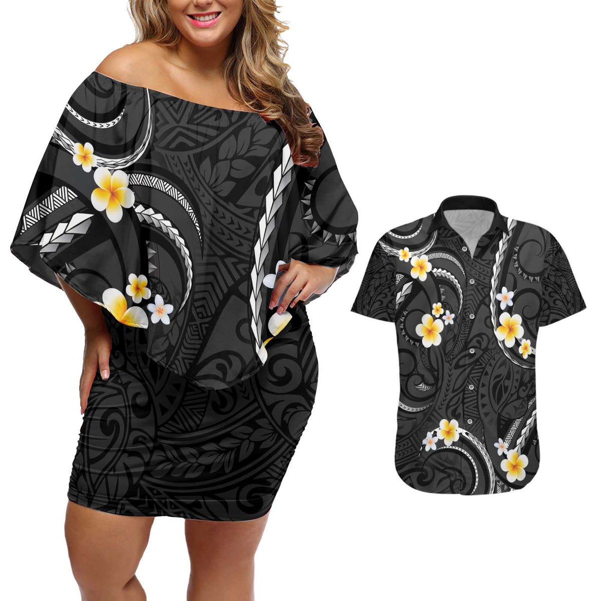 Black And Gray Couples Matching Off Shoulder Short Dress and Hawaiian Shirt Curves Polynesian Tattoo Mix Plumeria Flowers LT14 Gray - Polynesian Pride