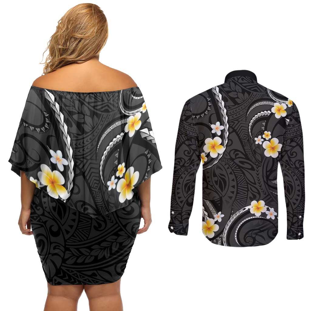 Black And Gray Couples Matching Off Shoulder Short Dress and Long Sleeve Button Shirt Curves Polynesian Tattoo Mix Plumeria Flowers LT14 - Polynesian Pride