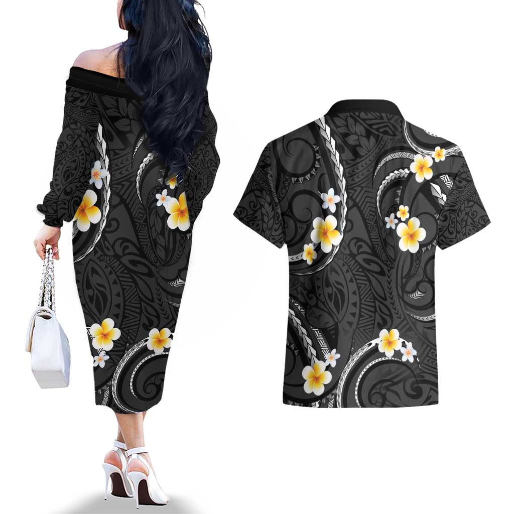 Black And Gray Couples Matching Off The Shoulder Long Sleeve Dress and Hawaiian Shirt Curves Polynesian Tattoo Mix Plumeria Flowers LT14 - Polynesian Pride