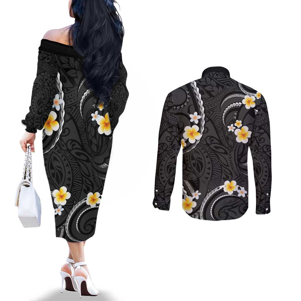 Black And Gray Couples Matching Off The Shoulder Long Sleeve Dress and Long Sleeve Button Shirt Curves Polynesian Tattoo Mix Plumeria Flowers LT14 - Polynesian Pride