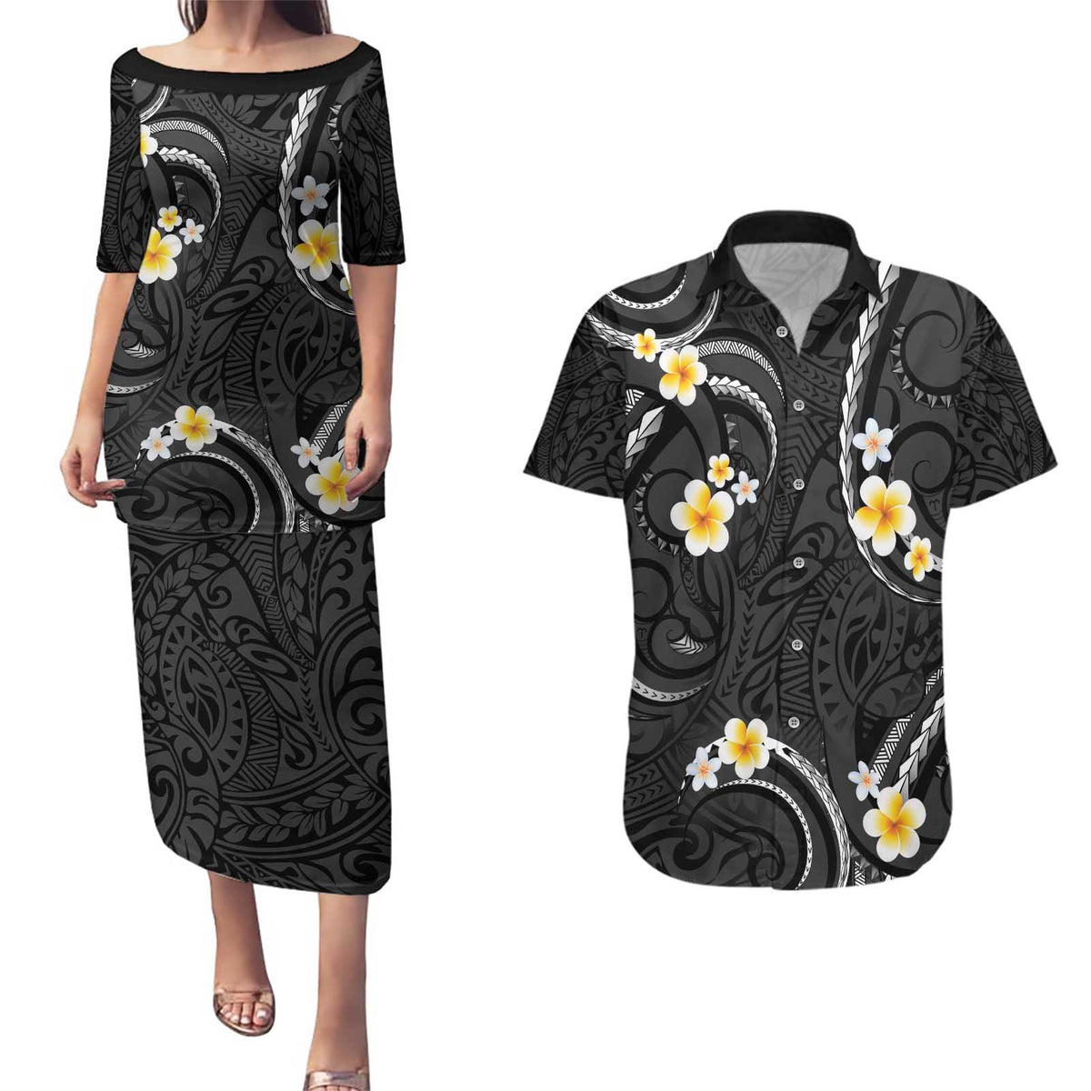 Black And Gray Couples Matching Puletasi and Hawaiian Shirt Curves Polynesian Tattoo Mix Plumeria Flowers LT14 Gray - Polynesian Pride