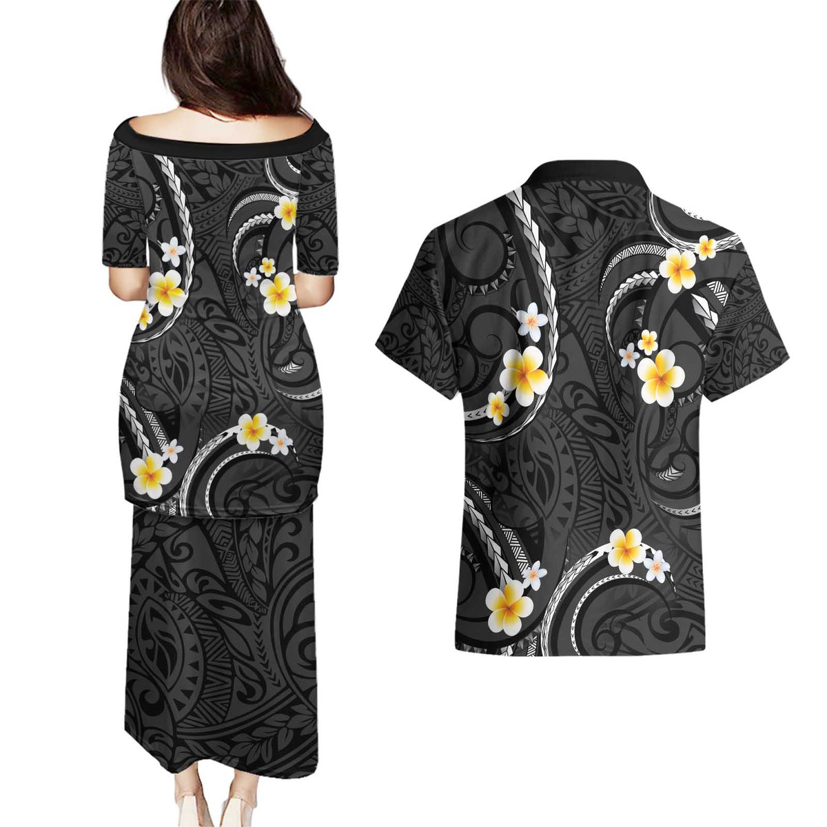 Black And Gray Couples Matching Puletasi and Hawaiian Shirt Curves Polynesian Tattoo Mix Plumeria Flowers LT14 - Polynesian Pride