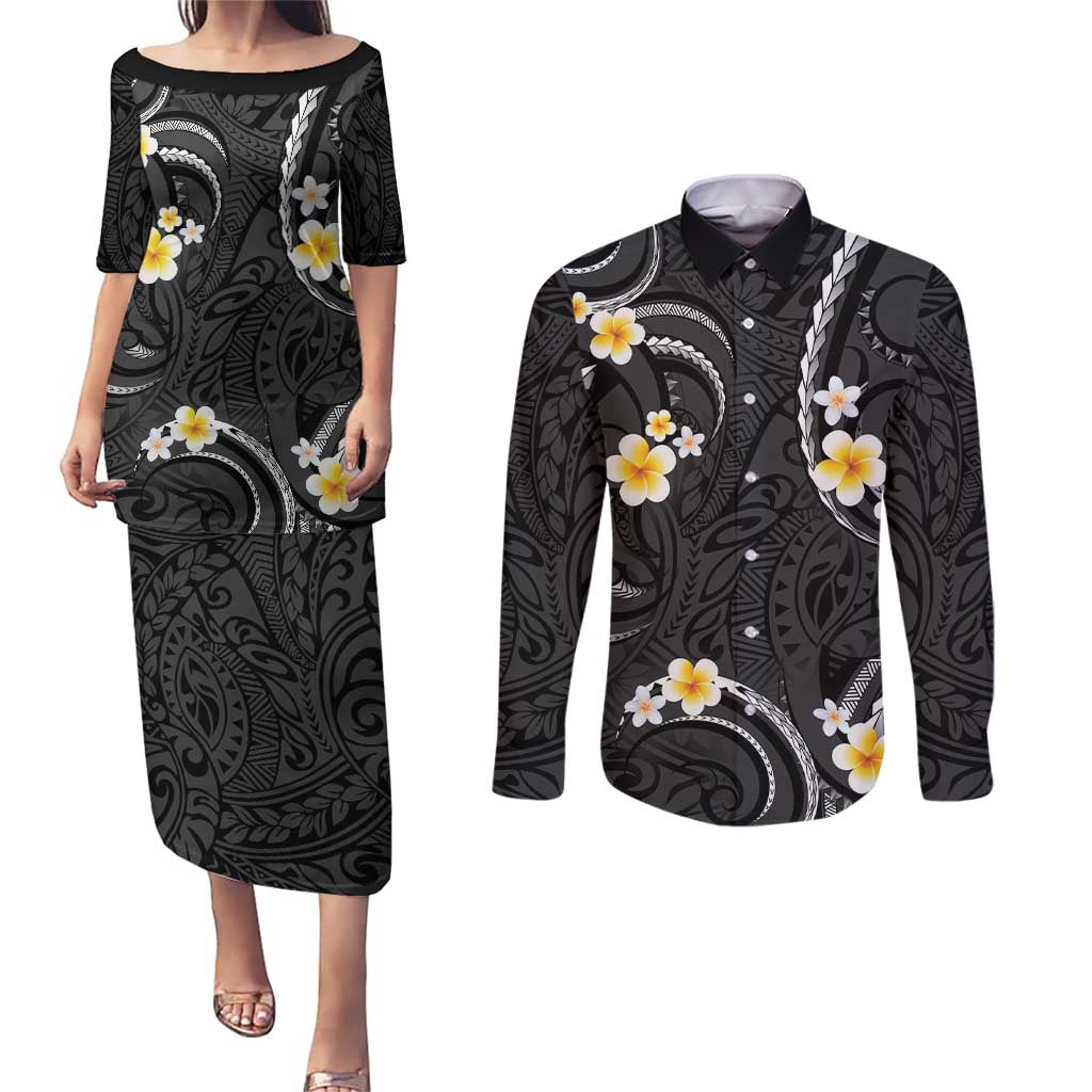 Black And Gray Couples Matching Puletasi and Long Sleeve Button Shirt Curves Polynesian Tattoo Mix Plumeria Flowers LT14 Gray - Polynesian Pride