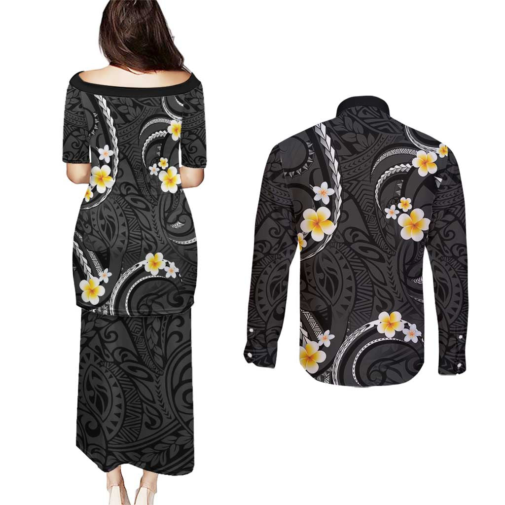 Black And Gray Couples Matching Puletasi and Long Sleeve Button Shirt Curves Polynesian Tattoo Mix Plumeria Flowers LT14 - Polynesian Pride