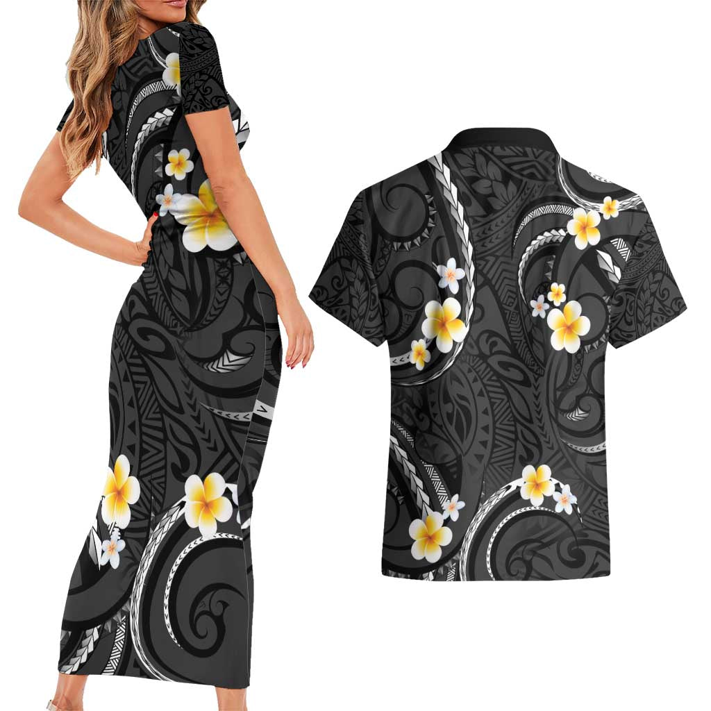 Black And Gray Couples Matching Short Sleeve Bodycon Dress and Hawaiian Shirt Curves Polynesian Tattoo Mix Plumeria Flowers LT14 - Polynesian Pride