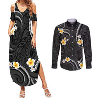 Black And Gray Couples Matching Summer Maxi Dress and Long Sleeve Button Shirt Curves Polynesian Tattoo Mix Plumeria Flowers LT14 Gray - Polynesian Pride