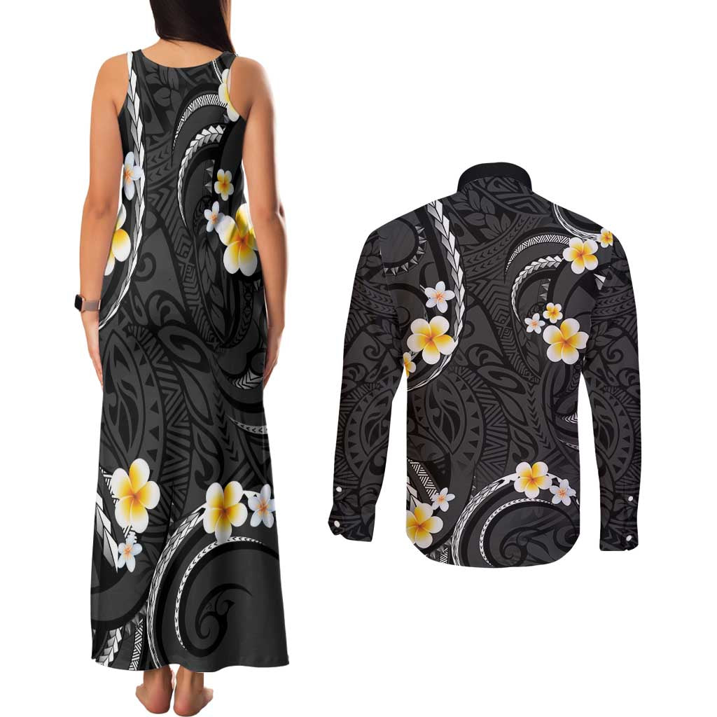 Black And Gray Couples Matching Tank Maxi Dress and Long Sleeve Button Shirt Curves Polynesian Tattoo Mix Plumeria Flowers LT14 - Polynesian Pride
