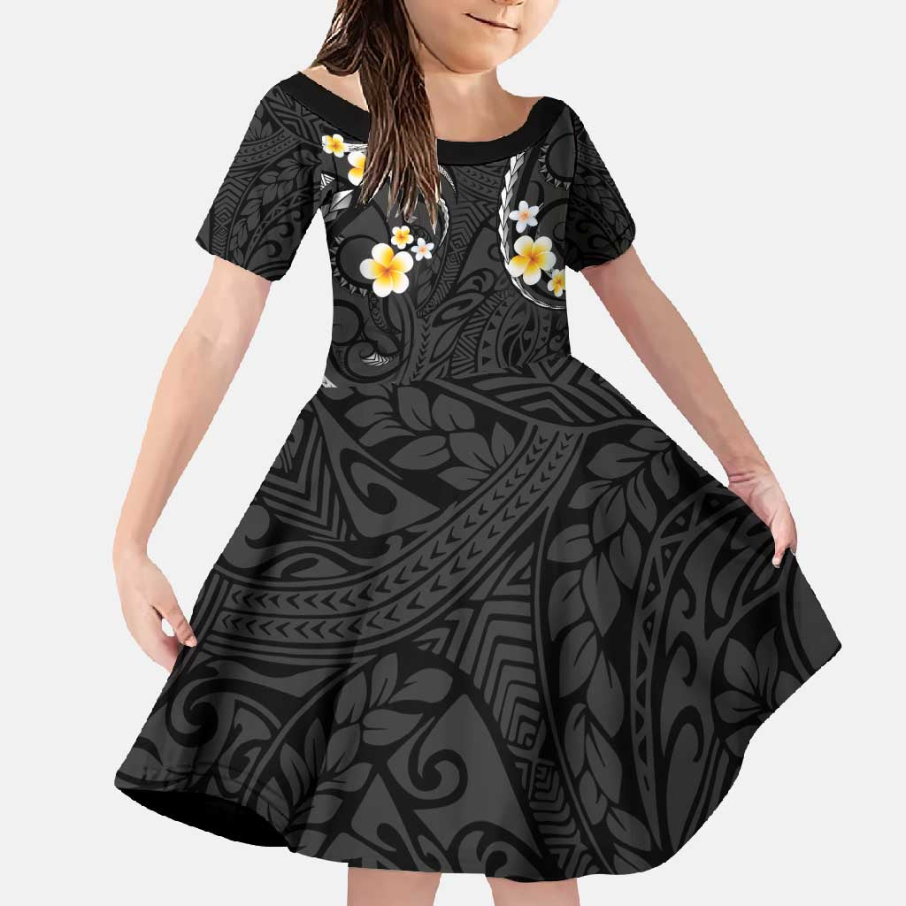 Black And Gray Family Matching Long Sleeve Bodycon Dress and Hawaiian Shirt Curves Polynesian Tattoo Mix Plumeria Flowers LT14 Daughter's Dress Gray - Polynesian Pride