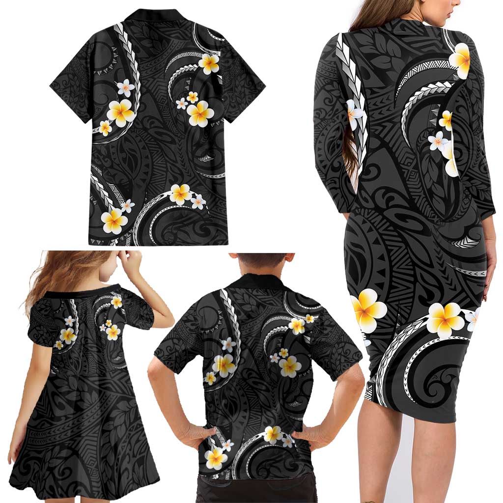 Black And Gray Family Matching Long Sleeve Bodycon Dress and Hawaiian Shirt Curves Polynesian Tattoo Mix Plumeria Flowers LT14 - Polynesian Pride