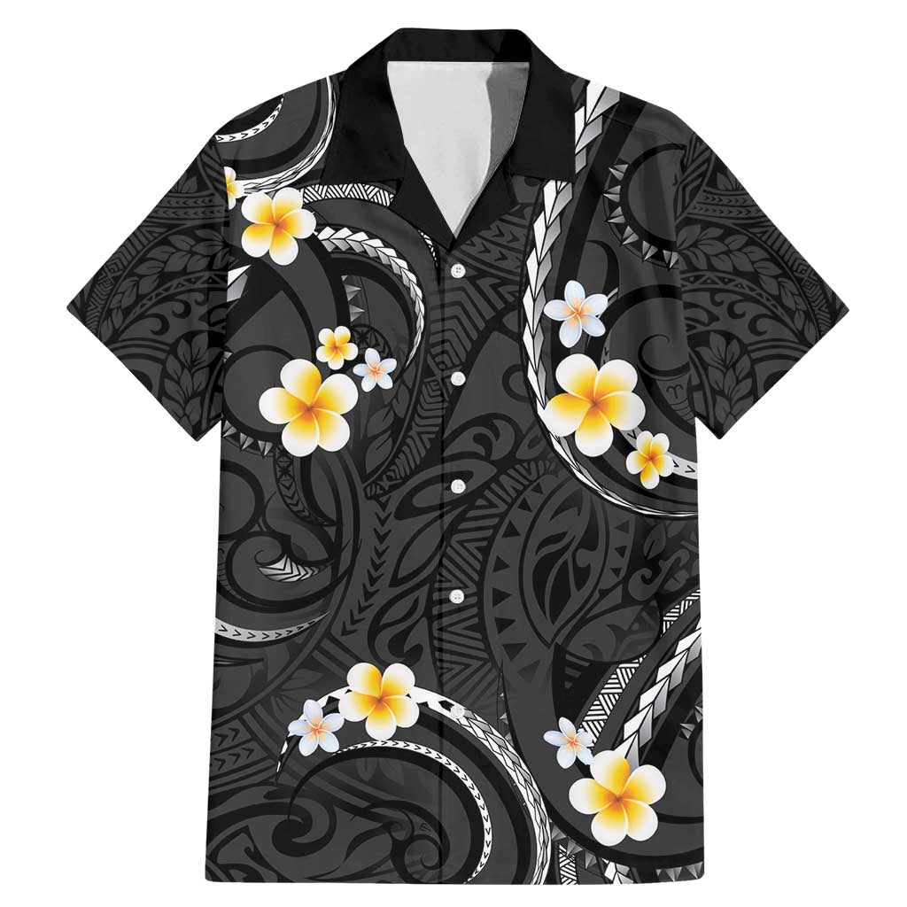 Black And Gray Family Matching Mermaid Dress and Hawaiian Shirt Curves Polynesian Tattoo Mix Plumeria Flowers LT14 Dad's Shirt - Short Sleeve Gray - Polynesian Pride