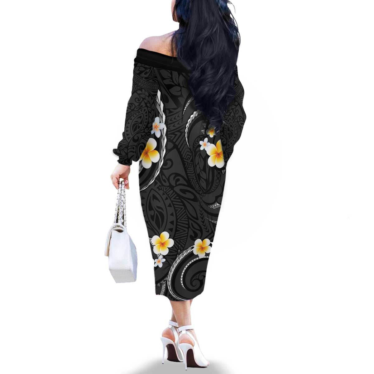Black And Gray Family Matching Off The Shoulder Long Sleeve Dress and Hawaiian Shirt Curves Polynesian Tattoo Mix Plumeria Flowers LT14 - Polynesian Pride