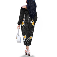 Black And Gray Family Matching Off The Shoulder Long Sleeve Dress and Hawaiian Shirt Curves Polynesian Tattoo Mix Plumeria Flowers LT14 - Polynesian Pride