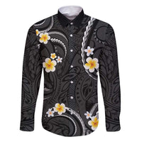 Black And Gray Family Matching Off Shoulder Maxi Dress and Hawaiian Shirt Curves Polynesian Tattoo Mix Plumeria Flowers LT14 Dad's Shirt - Long Sleeve Gray - Polynesian Pride