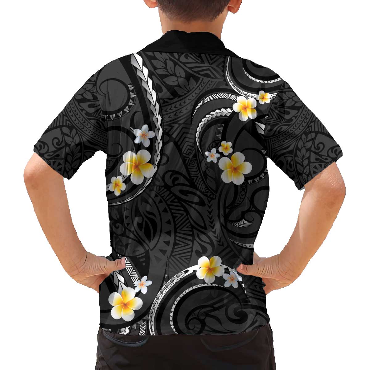 Black And Gray Family Matching Off Shoulder Short Dress and Hawaiian Shirt Curves Polynesian Tattoo Mix Plumeria Flowers LT14 - Polynesian Pride