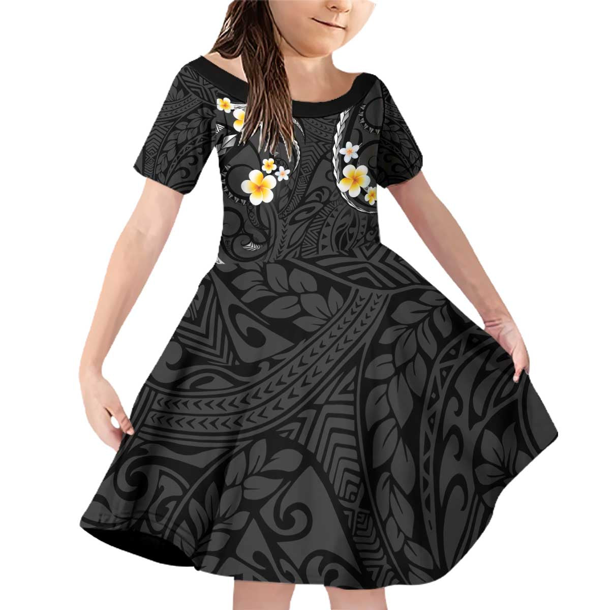 Black And Gray Family Matching Off Shoulder Short Dress and Hawaiian Shirt Curves Polynesian Tattoo Mix Plumeria Flowers LT14 Daughter's Dress Gray - Polynesian Pride