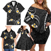 Black And Gray Family Matching Off Shoulder Short Dress and Hawaiian Shirt Curves Polynesian Tattoo Mix Plumeria Flowers LT14 - Polynesian Pride