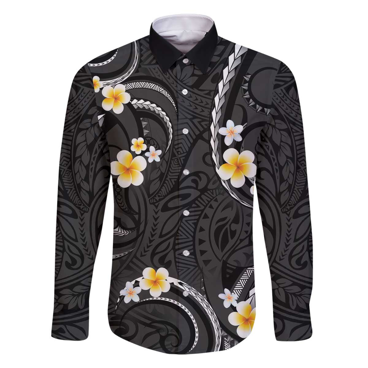Black And Gray Family Matching Off Shoulder Short Dress and Hawaiian Shirt Curves Polynesian Tattoo Mix Plumeria Flowers LT14 Dad's Shirt - Long Sleeve Gray - Polynesian Pride