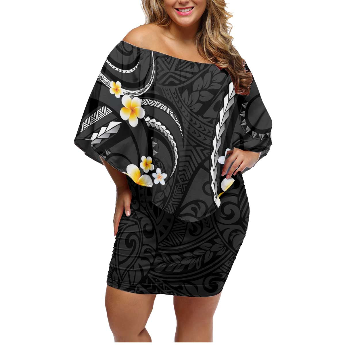 Black And Gray Family Matching Off Shoulder Short Dress and Hawaiian Shirt Curves Polynesian Tattoo Mix Plumeria Flowers LT14 Mom's Dress Gray - Polynesian Pride