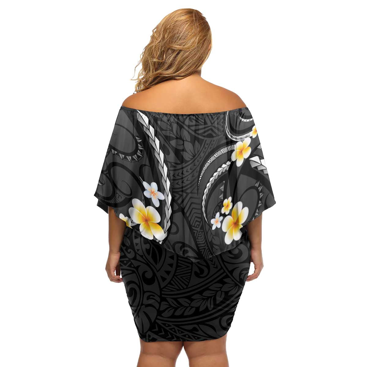 Black And Gray Family Matching Off Shoulder Short Dress and Hawaiian Shirt Curves Polynesian Tattoo Mix Plumeria Flowers LT14 - Polynesian Pride