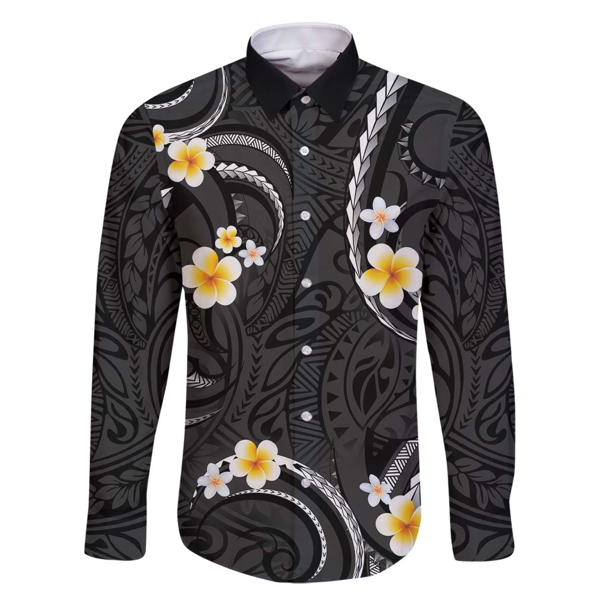 Black And Gray Family Matching Puletasi and Hawaiian Shirt Curves Polynesian Tattoo Mix Plumeria Flowers LT14 Dad's Shirt - Long Sleeve Gray - Polynesian Pride