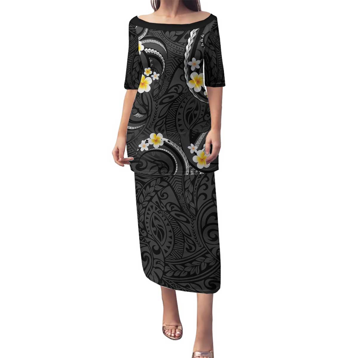 Black And Gray Family Matching Puletasi and Hawaiian Shirt Curves Polynesian Tattoo Mix Plumeria Flowers LT14 Mom's Dress Gray - Polynesian Pride
