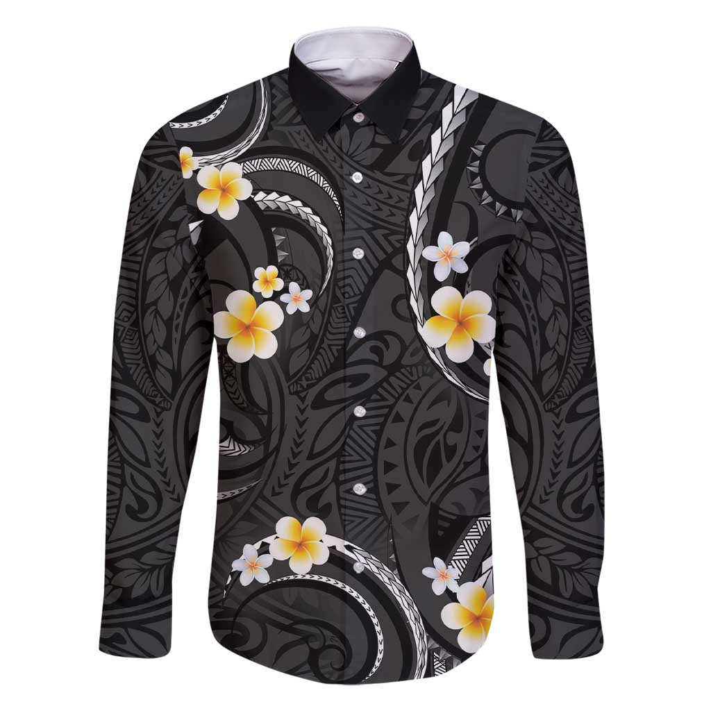 Black And Gray Family Matching Short Sleeve Bodycon Dress and Hawaiian Shirt Curves Polynesian Tattoo Mix Plumeria Flowers LT14 Dad's Shirt - Long Sleeve Gray - Polynesian Pride